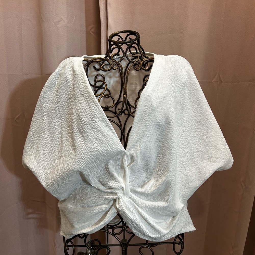 Zara Solid White Gauze Twisted Hem V-neck Cap Sleeve